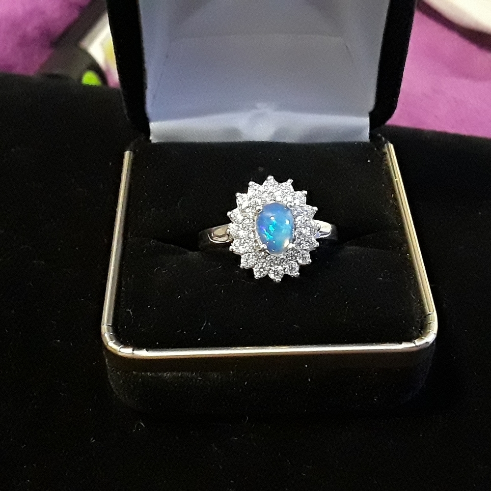 Crystal opal & CZ Sterling silver ring